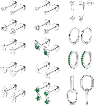LOLIAS Hypoallergenic Surgical Steel Earrings for Sensitive Ears 20G Silver/Gold Flat Back Earrings for Women Trendy Small Stainless Steel Earrings Dainty Flatback Stud Hoop Earring Sets for Multiple Piercing 14Pairs