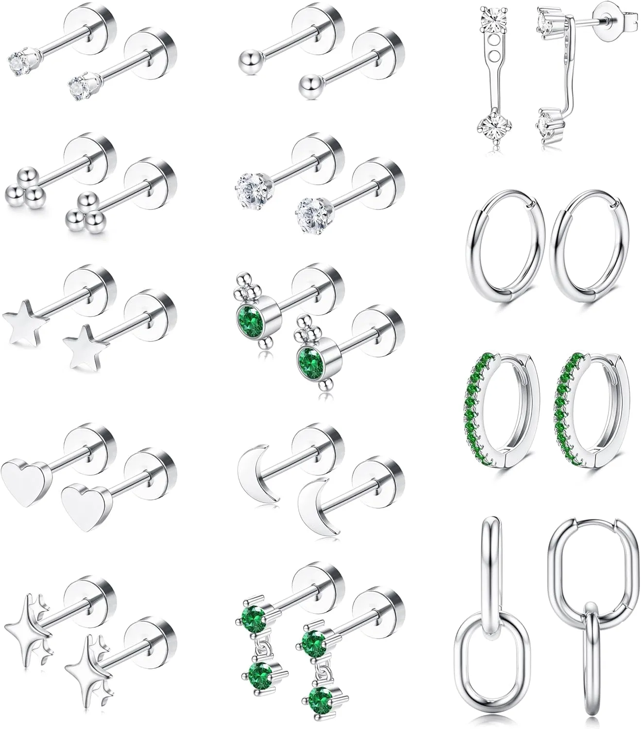 LOLIAS Hypoallergenic Surgical Steel Earrings for Sensitive Ears 20G Silver/Gold Flat Back Earrings for Women Trendy Small Stainless Steel Earrings Dainty Flatback Stud Hoop Earring Sets for Multiple Piercing 14Pairs