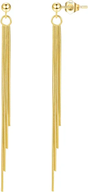 Long Gold Silver Dangle Earrings for Women 925 Sterling Silver Tassel Threader Earrings Dangling Dangly Chain Chandelier Drop Wedding Elegant Sparkly Dainty Dangle Earrings