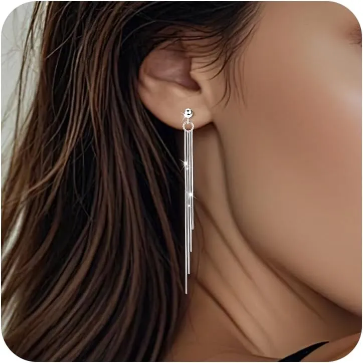 Long Gold Silver Dangle Earrings for Women 925 Sterling Silver Tassel Threader Earrings Dangling Dangly Chain Chandelier Drop Wedding Elegant Sparkly Dainty Dangle Earrings