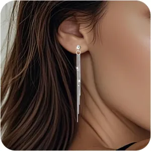 Long Gold Silver Dangle Earrings for Women 925 Sterling Silver Tassel Threader Earrings Dangling Dangly Chain Chandelier Drop Wedding Elegant Sparkly Dainty Dangle Earrings