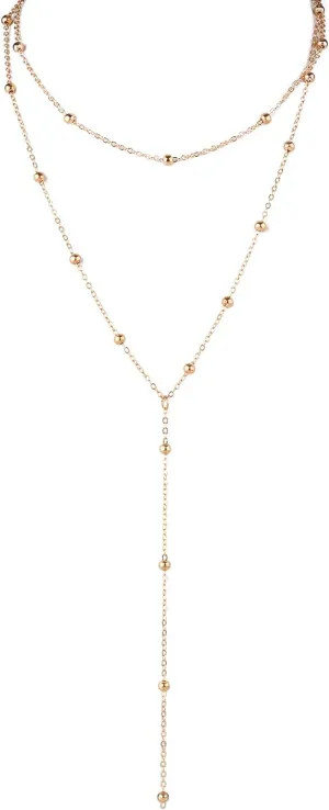 Long Layered Necklace for Women, Trendy Lariat Y-Shaped Drop Necklaces Simple Beaded Chain Pendant Necklace Fashion Jewelry Gift