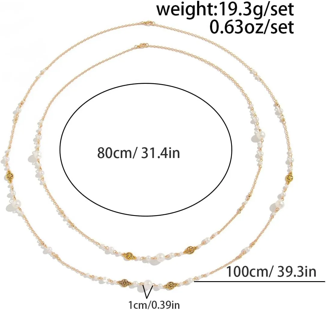 Long Pearl Necklace for Women - 2 Pack 80cm & 100cm Simulated Pearls Jewelry Set, Double Layer Adjustable Fake Pearls with Gold Plated Chain, Elegant Bridal Party Evening Dress Necklace