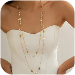 Long Pearl Necklace for Women - 2 Pack 80cm & 100cm Simulated Pearls Jewelry Set, Double Layer Adjustable Fake Pearls with Gold Plated Chain, Elegant Bridal Party Evening Dress Necklace