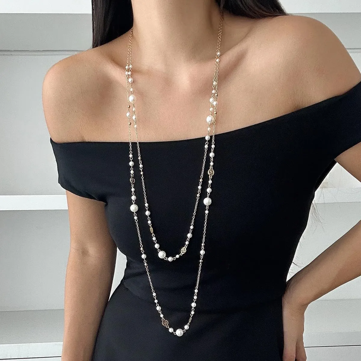 Long Pearl Necklace for Women - 2 Pack 80cm & 100cm Simulated Pearls Jewelry Set, Double Layer Adjustable Fake Pearls with Gold Plated Chain, Elegant Bridal Party Evening Dress Necklace