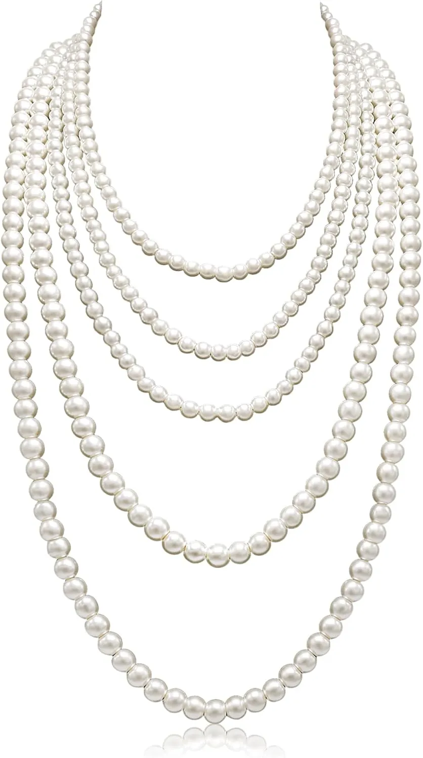 Long Pearl Necklaces for Women Cream White Faux Pearl Strand Layered Necklace Costume Jewelry