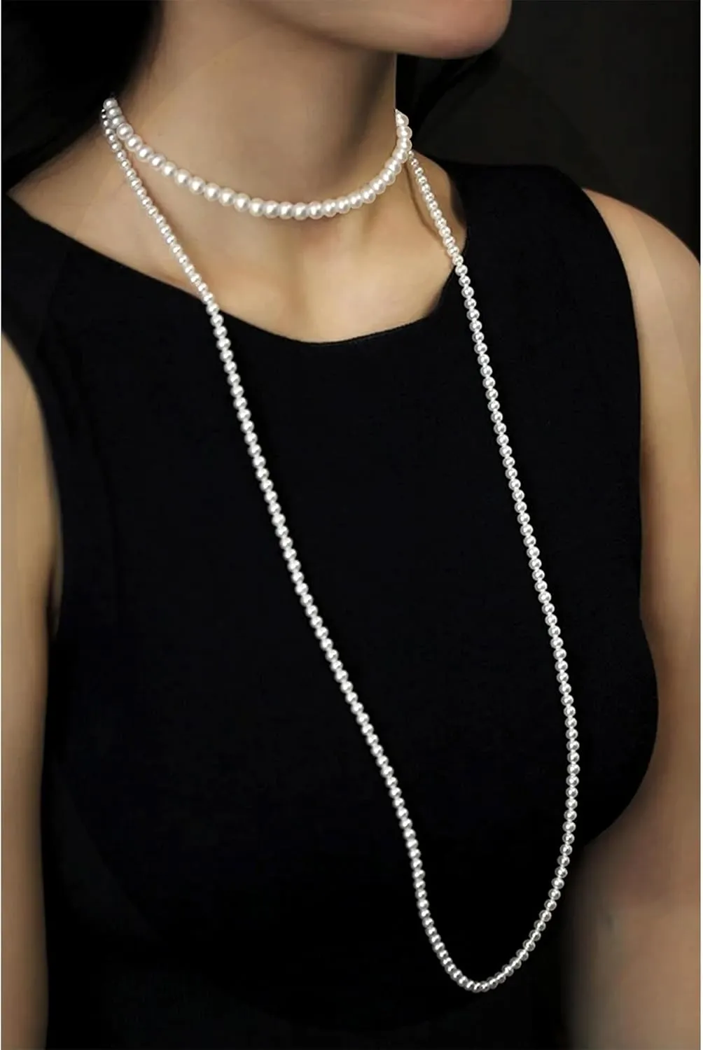 Long Pearl Necklaces for Women Cream White Faux Pearl Strand Layered Necklace Costume Jewelry