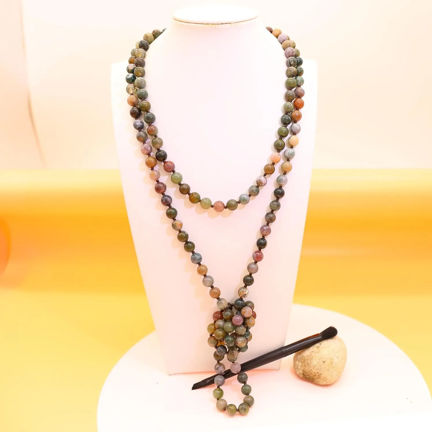 Long Pearl Strand Necklace 8mm/60''Handmade Knotted Stone Beaded Wrap Necklace 1920s Costume Pearl Necklace for Women