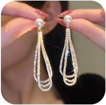 Long Rhinestone Dangle Earrings Pearl Stud Earrings Sparkling Bridal Drop Earrings Wedding Prom Birthday Gifts for Women