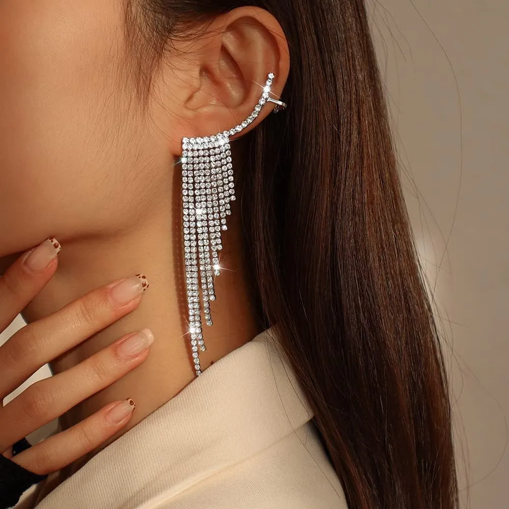 Long Rhinestone Tassel Earring Bohemian Sparkling Crystal Drop Dangle Earring Tassel Chandelier Earrings for Women
