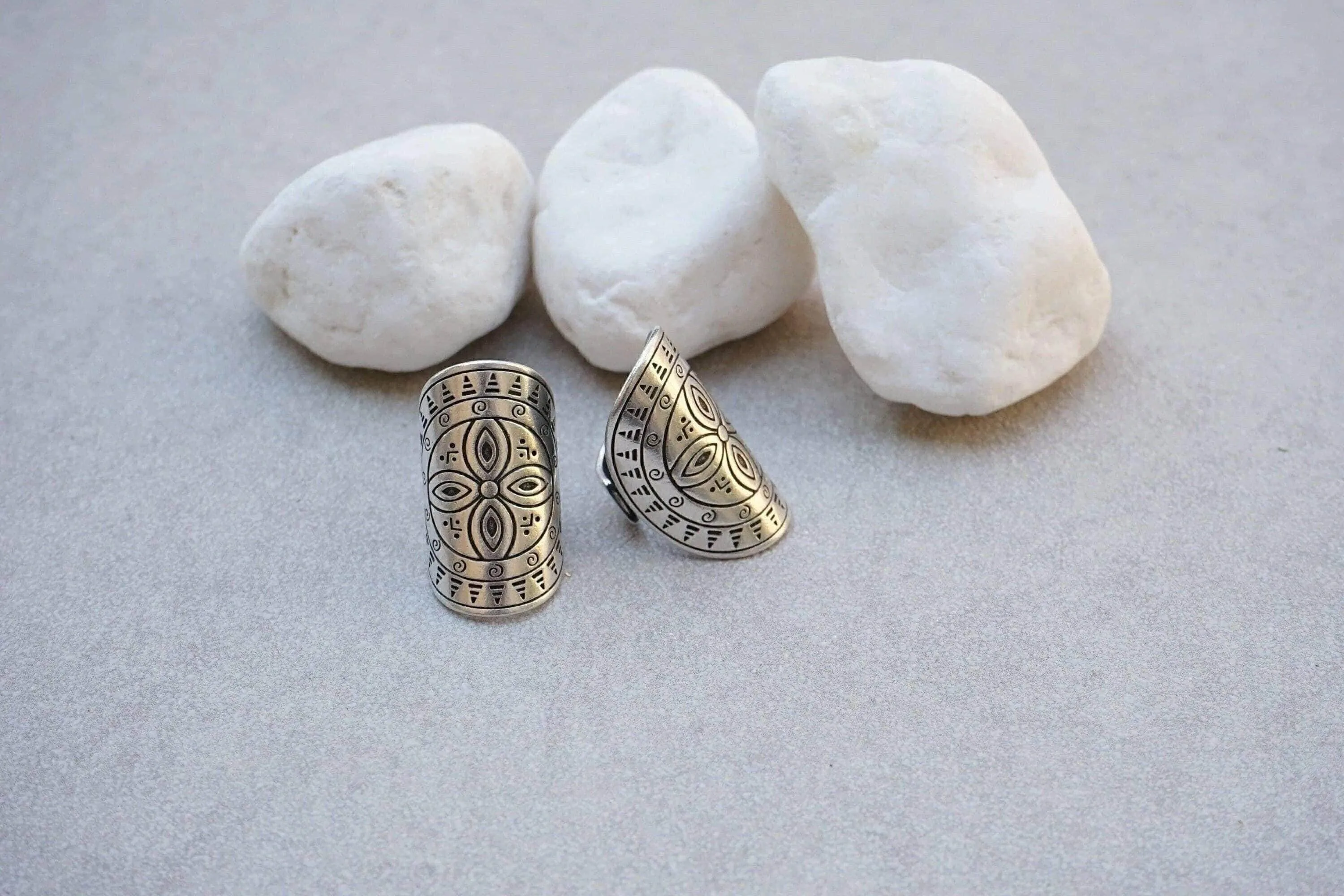 Long Silver Mandala Flower Ring