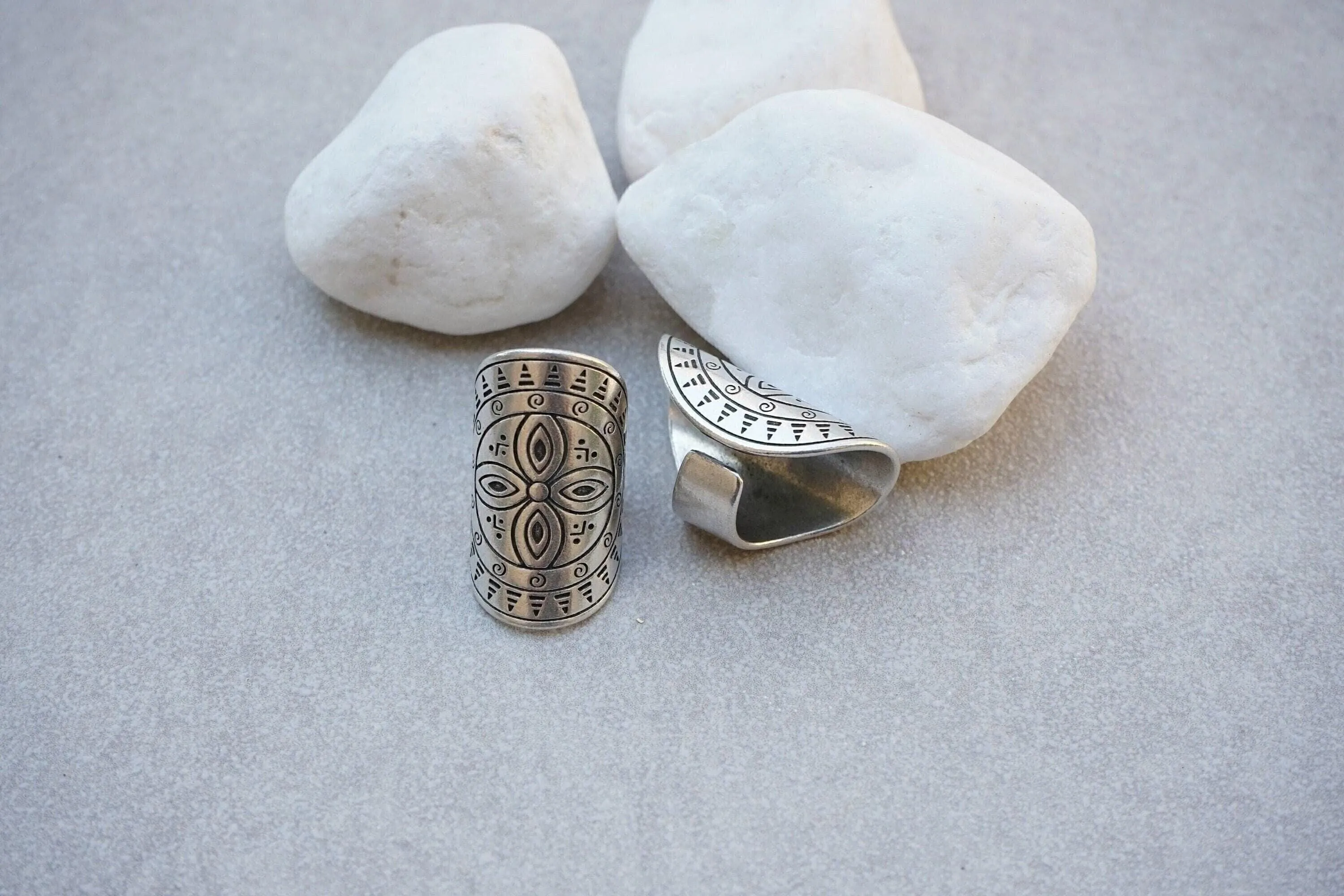 Long Silver Mandala Flower Ring