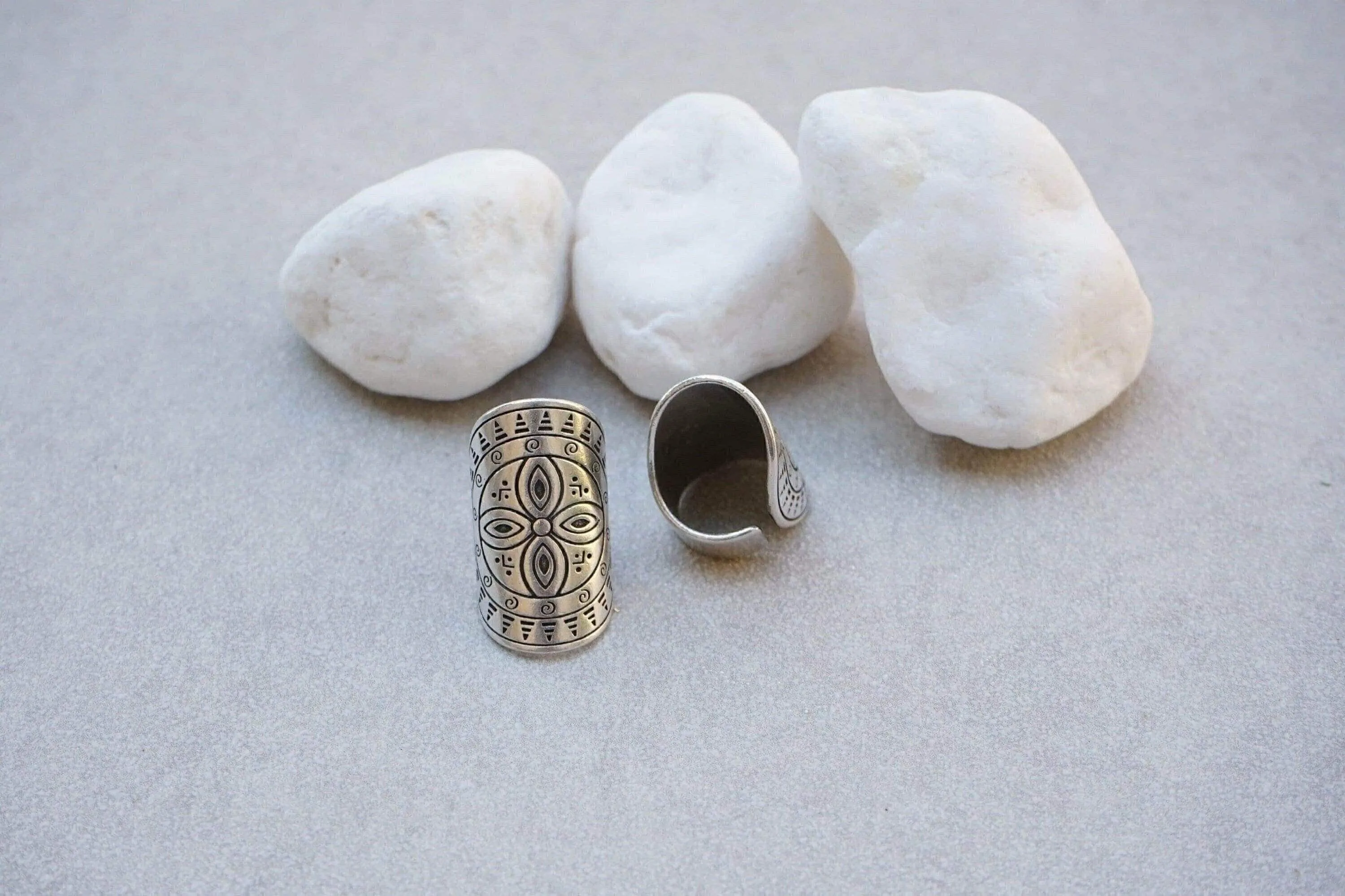 Long Silver Mandala Flower Ring