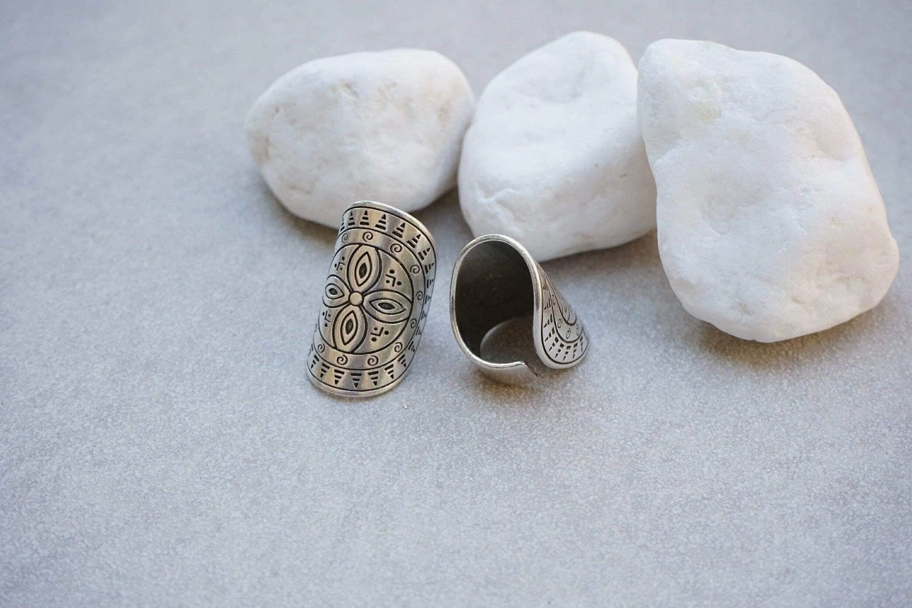 Long Silver Mandala Flower Ring