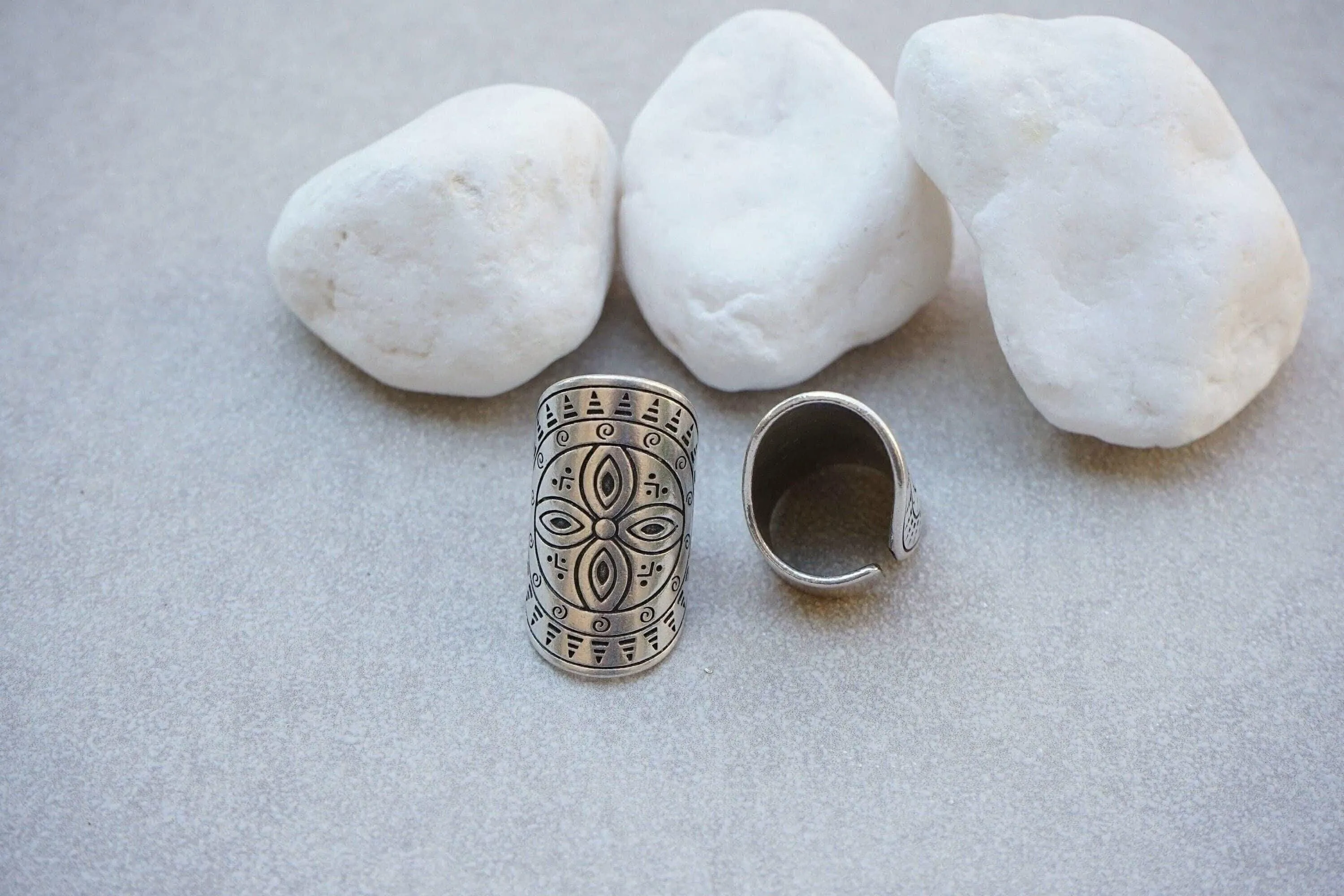 Long Silver Mandala Flower Ring