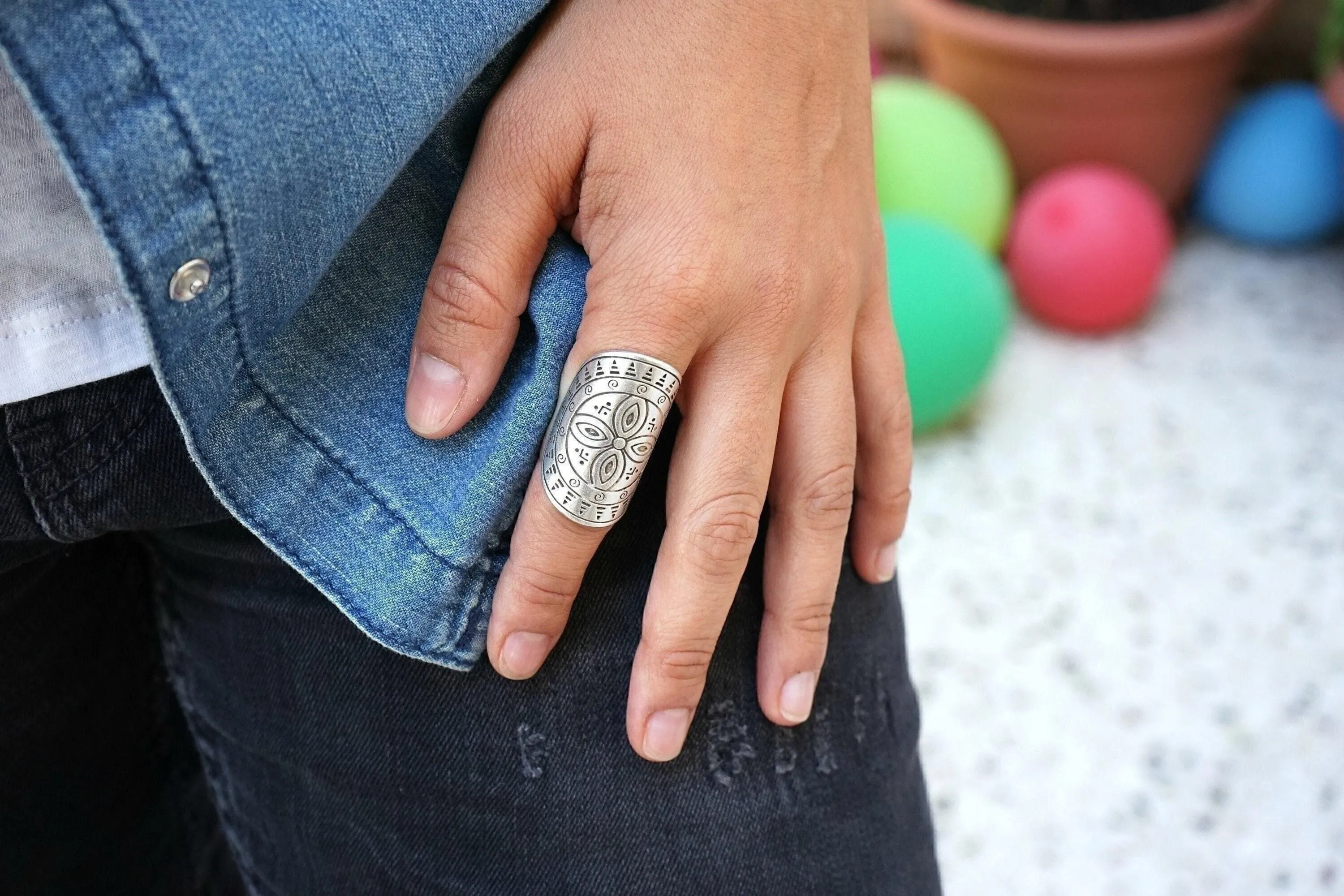 Long Silver Mandala Flower Ring