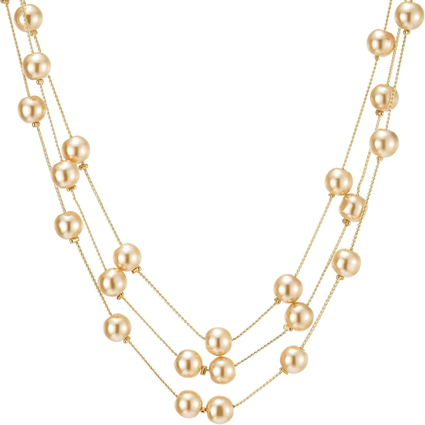 Long Statement Necklace, White Faux Pearl Layered Necklace, Three-Strand Chains with Beads, Elegant Dress