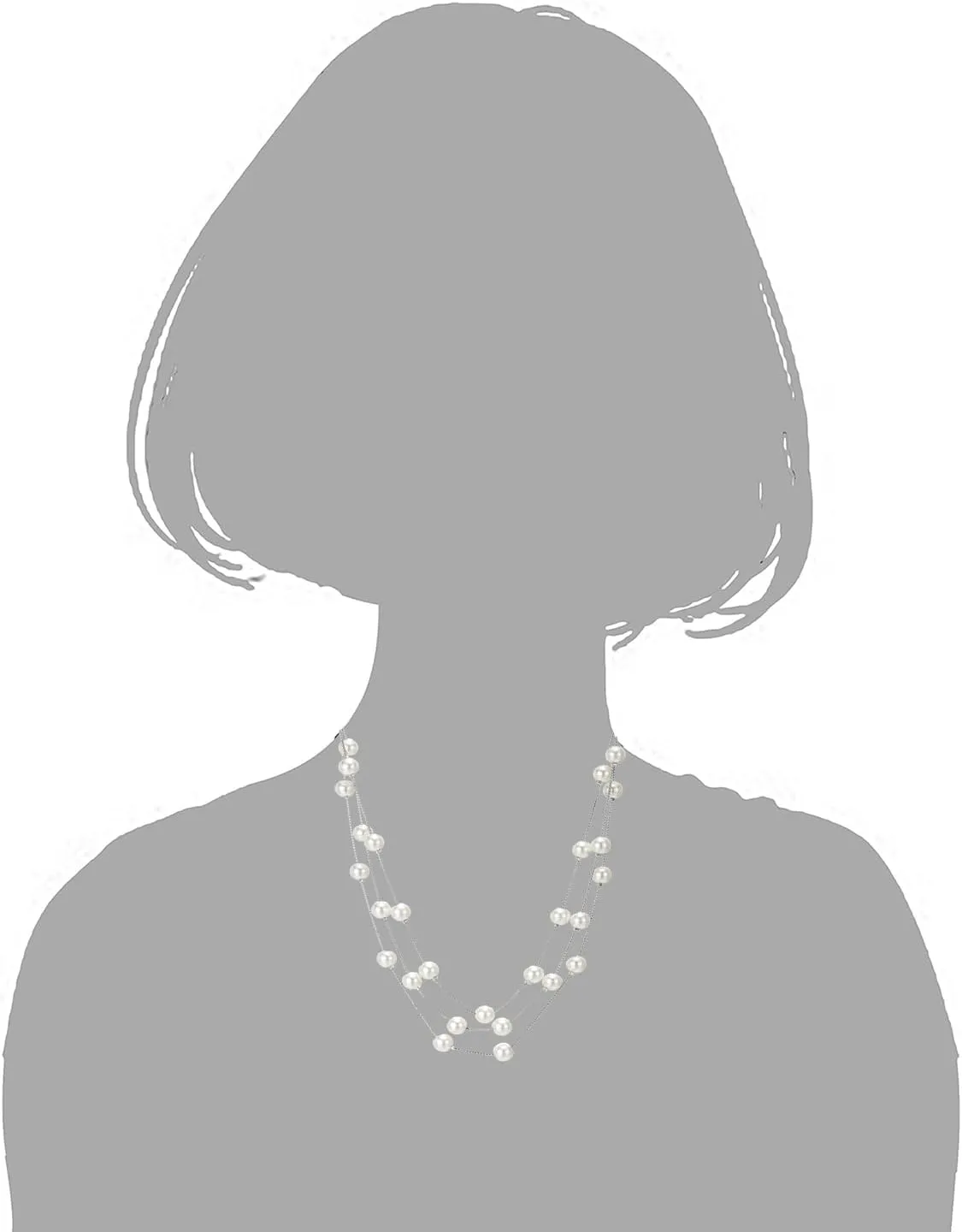 Long Statement Necklace, White Faux Pearl Layered Necklace, Three-Strand Chains with Beads, Elegant Dress