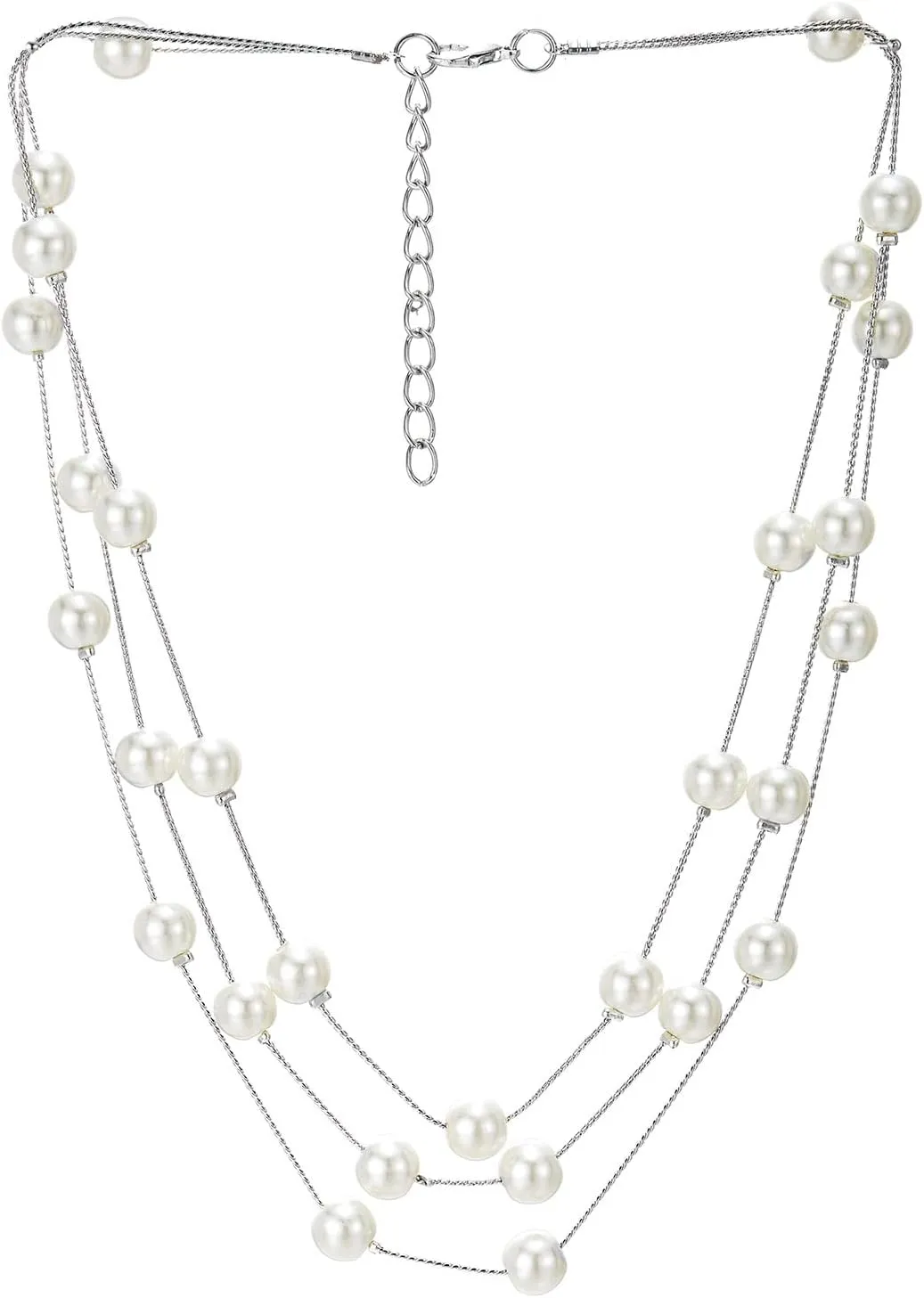 Long Statement Necklace, White Faux Pearl Layered Necklace, Three-Strand Chains with Beads, Elegant Dress