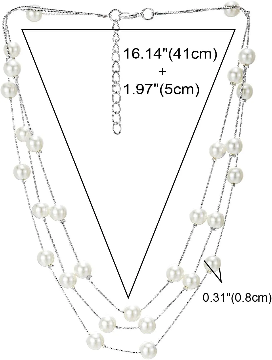 Long Statement Necklace, White Faux Pearl Layered Necklace, Three-Strand Chains with Beads, Elegant Dress