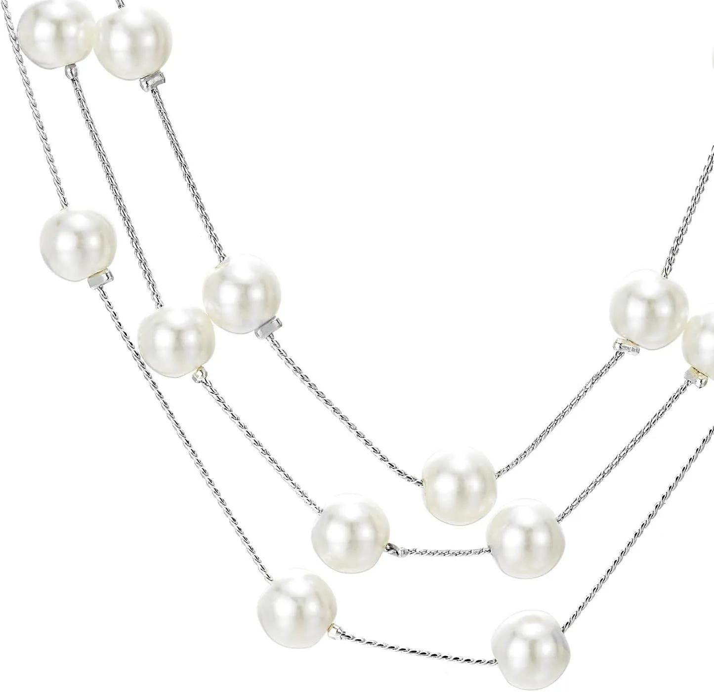 Long Statement Necklace, White Faux Pearl Layered Necklace, Three-Strand Chains with Beads, Elegant Dress
