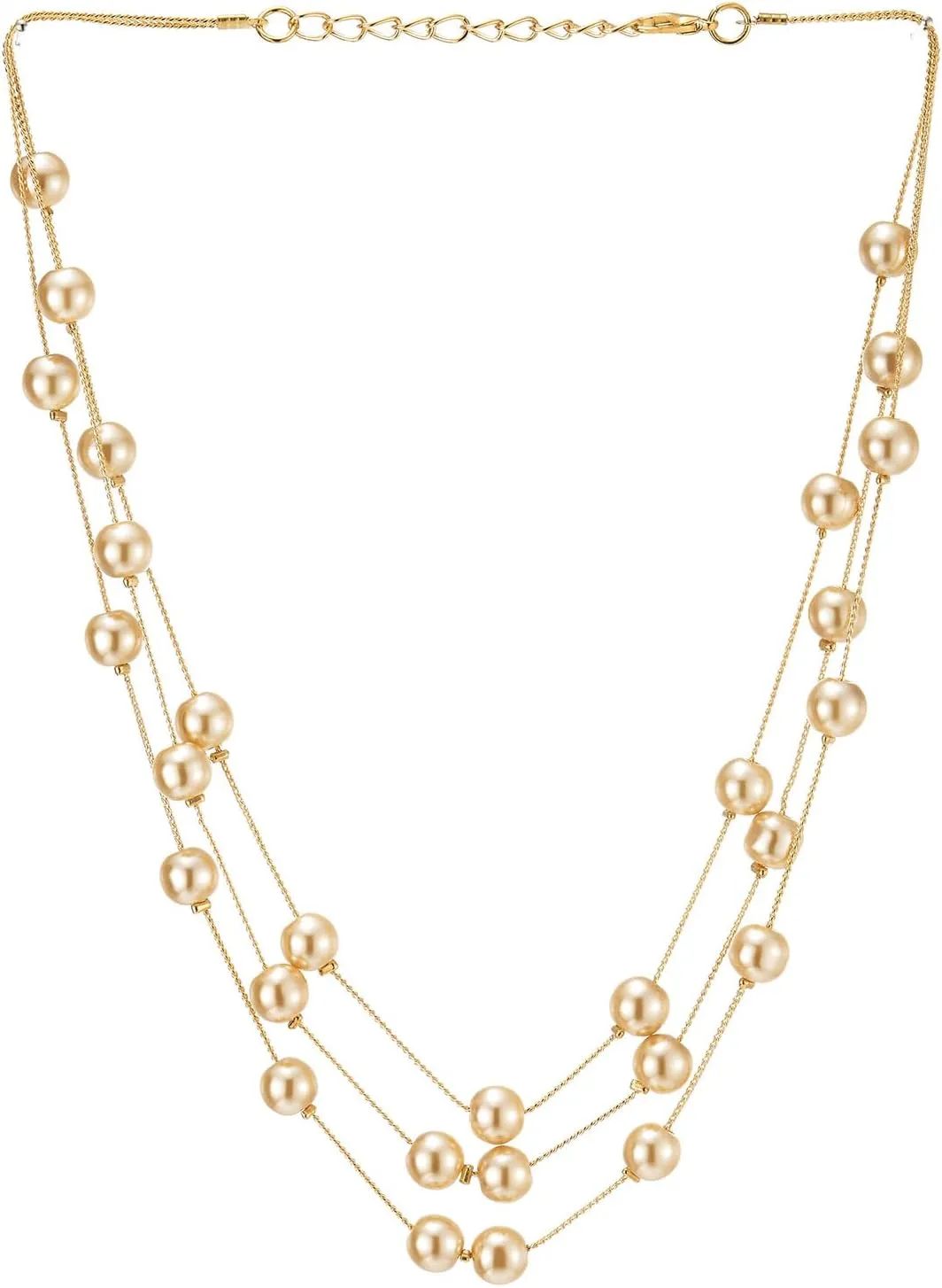 Long Statement Necklace, White Faux Pearl Layered Necklace, Three-Strand Chains with Beads, Elegant Dress