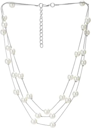 Long Statement Necklace, White Faux Pearl Layered Necklace, Three-Strand Chains with Beads, Elegant Dress