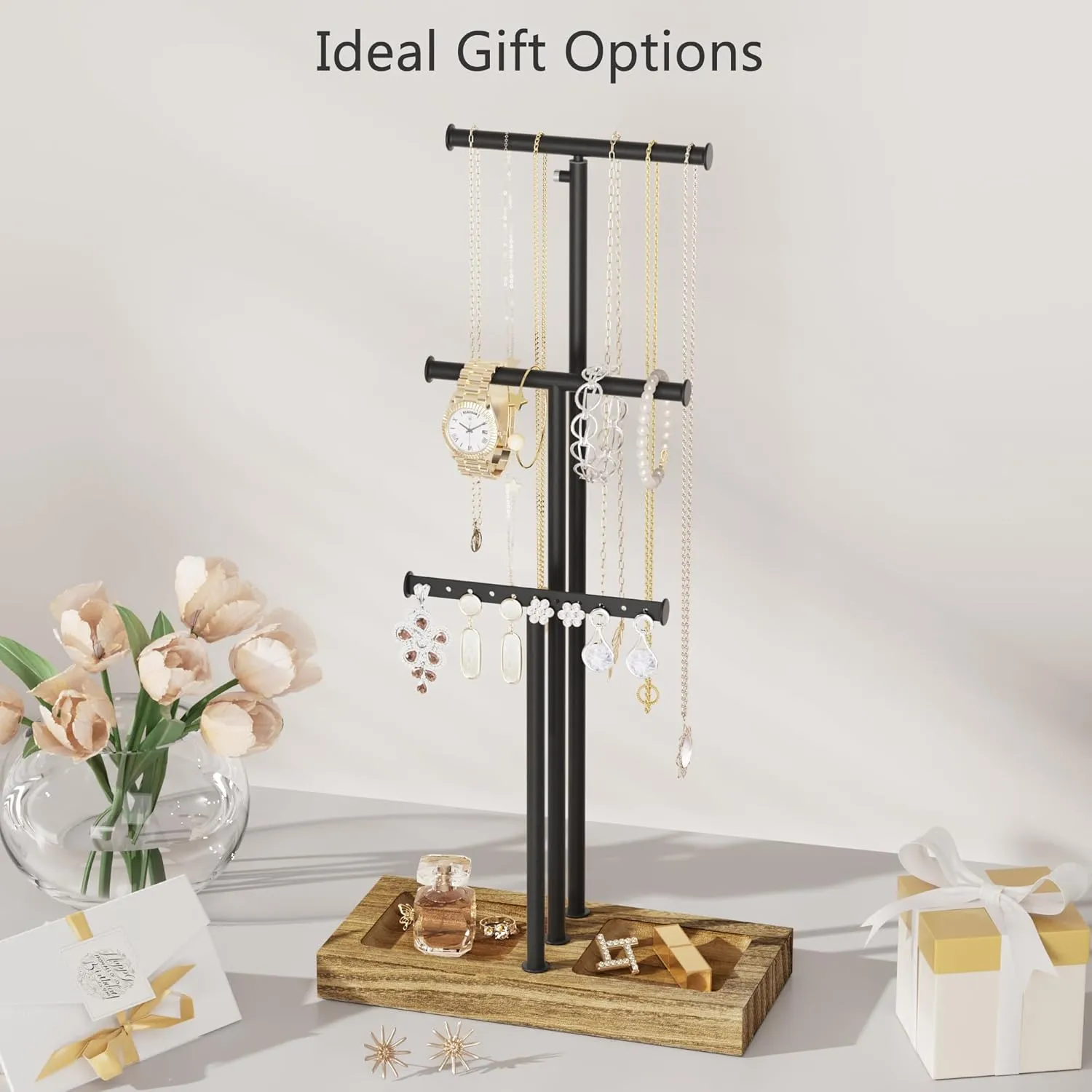 Love-KANKEI Jewelry Organizer Stand Metal & Wood Base and Large Storage Necklaces Bracelets Earrings Holder Organizer Gift Black and Carbonized Black