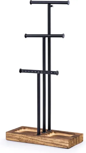 Love-KANKEI Jewelry Organizer Stand Metal & Wood Base and Large Storage Necklaces Bracelets Earrings Holder Organizer Gift Black and Carbonized Black