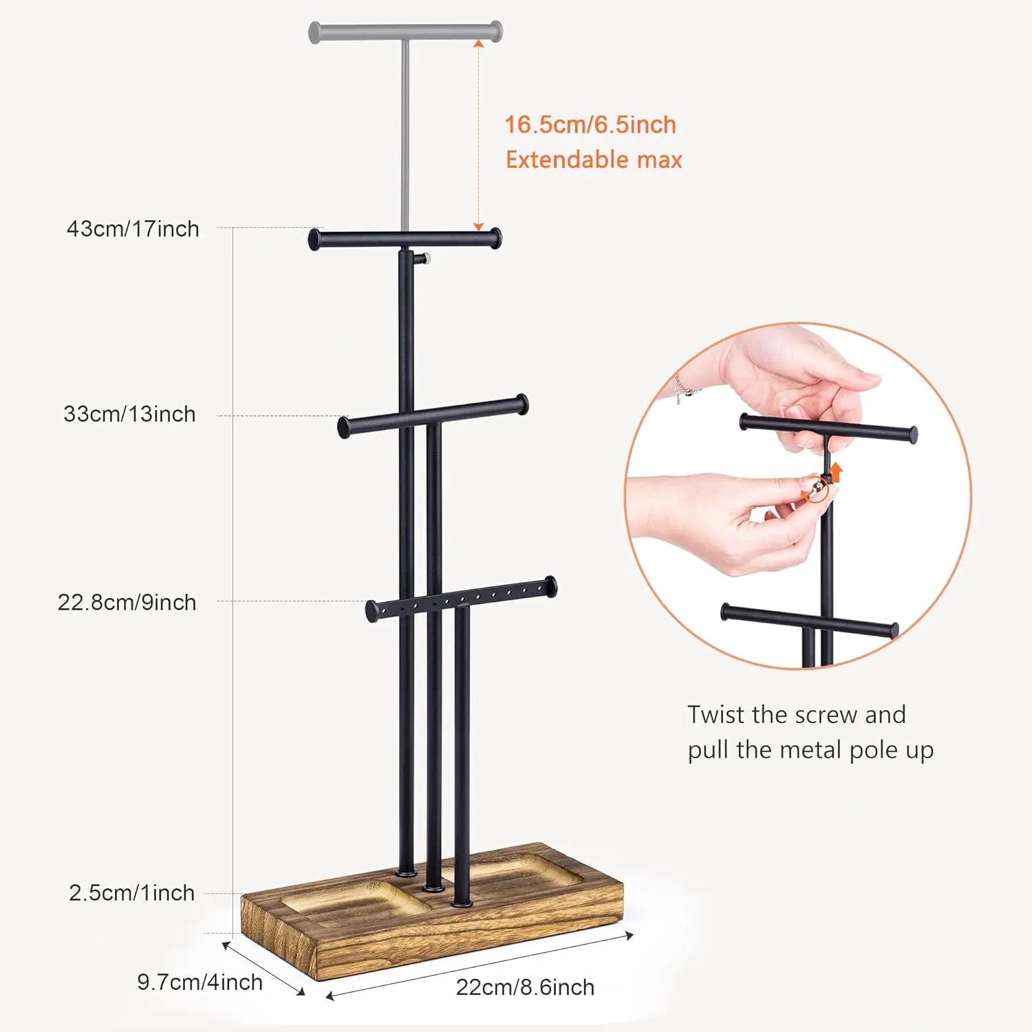 Love-KANKEI Jewelry Organizer Stand Metal & Wood Base and Large Storage Necklaces Bracelets Earrings Holder Organizer Gift Black and Carbonized Black