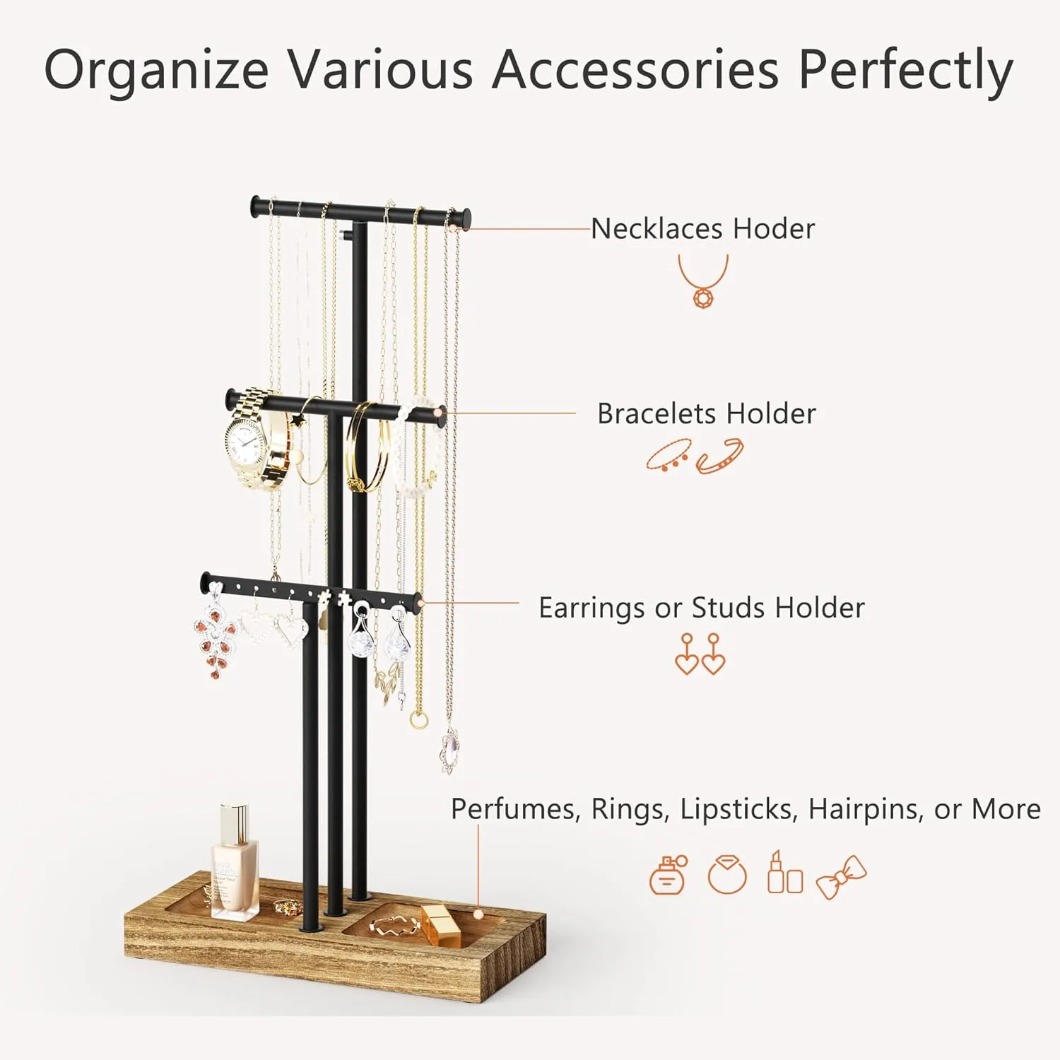 Love-KANKEI Jewelry Organizer Stand Metal & Wood Base and Large Storage Necklaces Bracelets Earrings Holder Organizer Gift Black and Carbonized Black