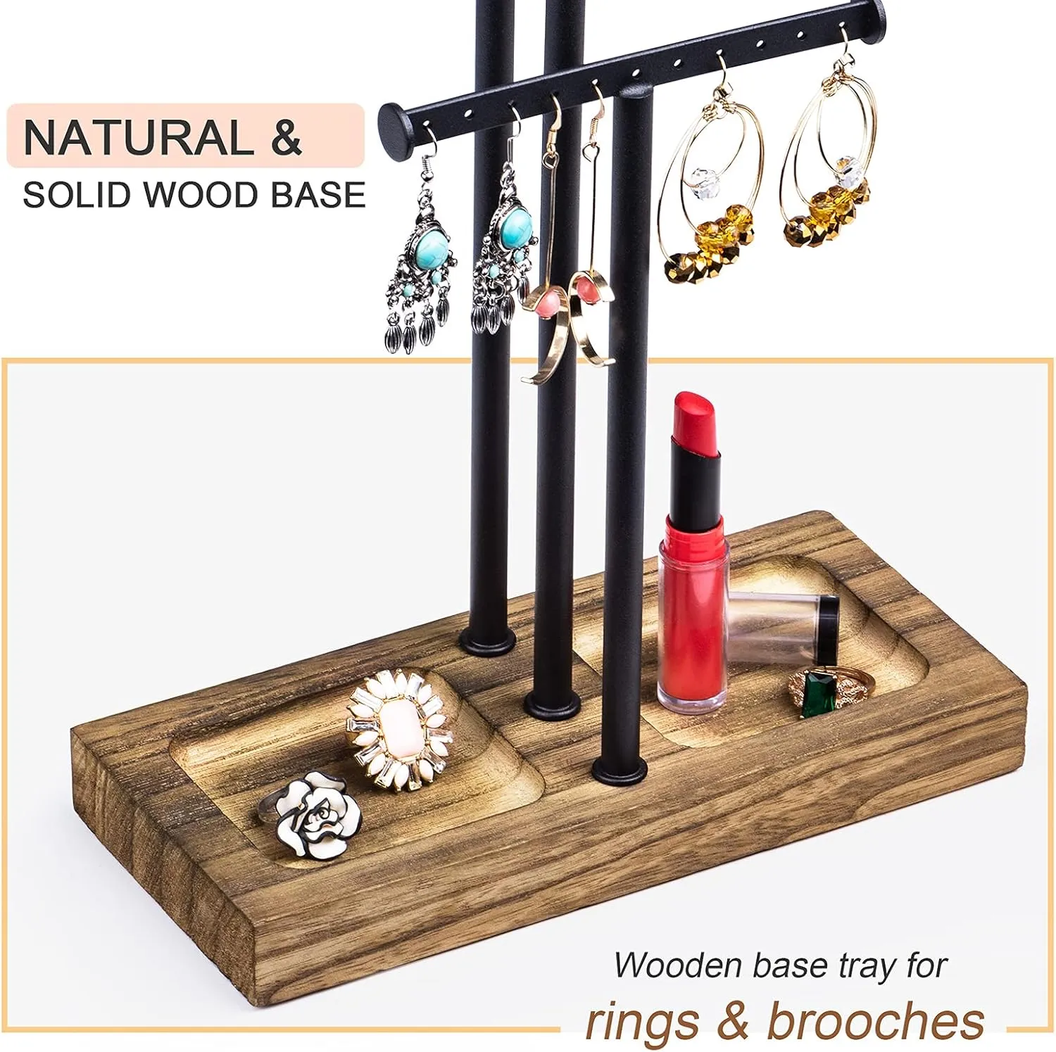 Love-KANKEI Jewelry Organizer Stand Metal & Wood Base and Large Storage Necklaces Bracelets Earrings Holder Organizer Gift Black and Carbonized Black