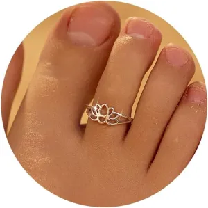 LOVECOM 925 Sterling Silver lotus Flower Toe Rings for Women Retro Adjustable Open Lotu Froral Hope Band Toe Ring Summer Beach Foot Birthday Jewelry Gifts for Mom Daughter