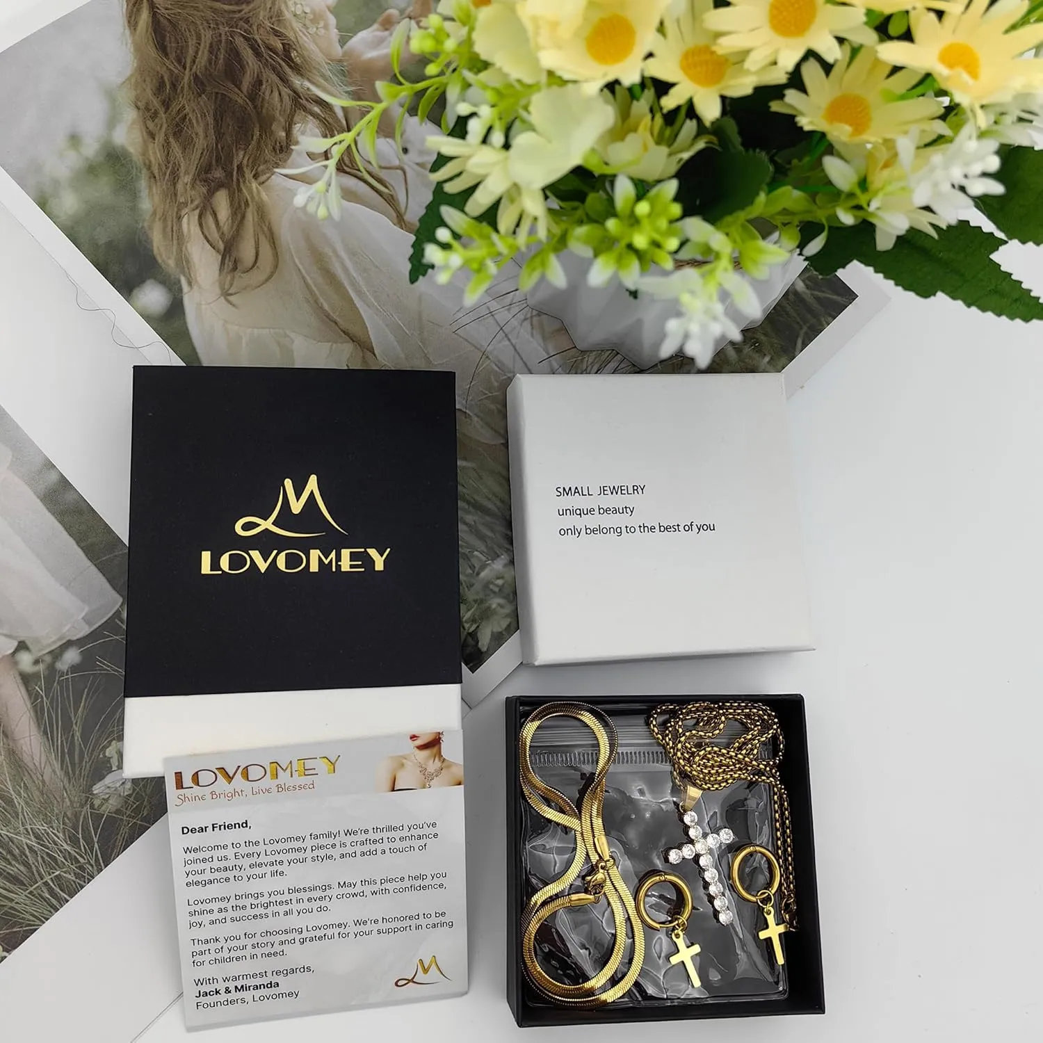 LOVOMEY Elegant Diamond Cross Necklace Set - Dainty 18K Gold Pendant With AAAA Cubic Zirconia, 2 Chains and 1 Pair of Cross Earrings