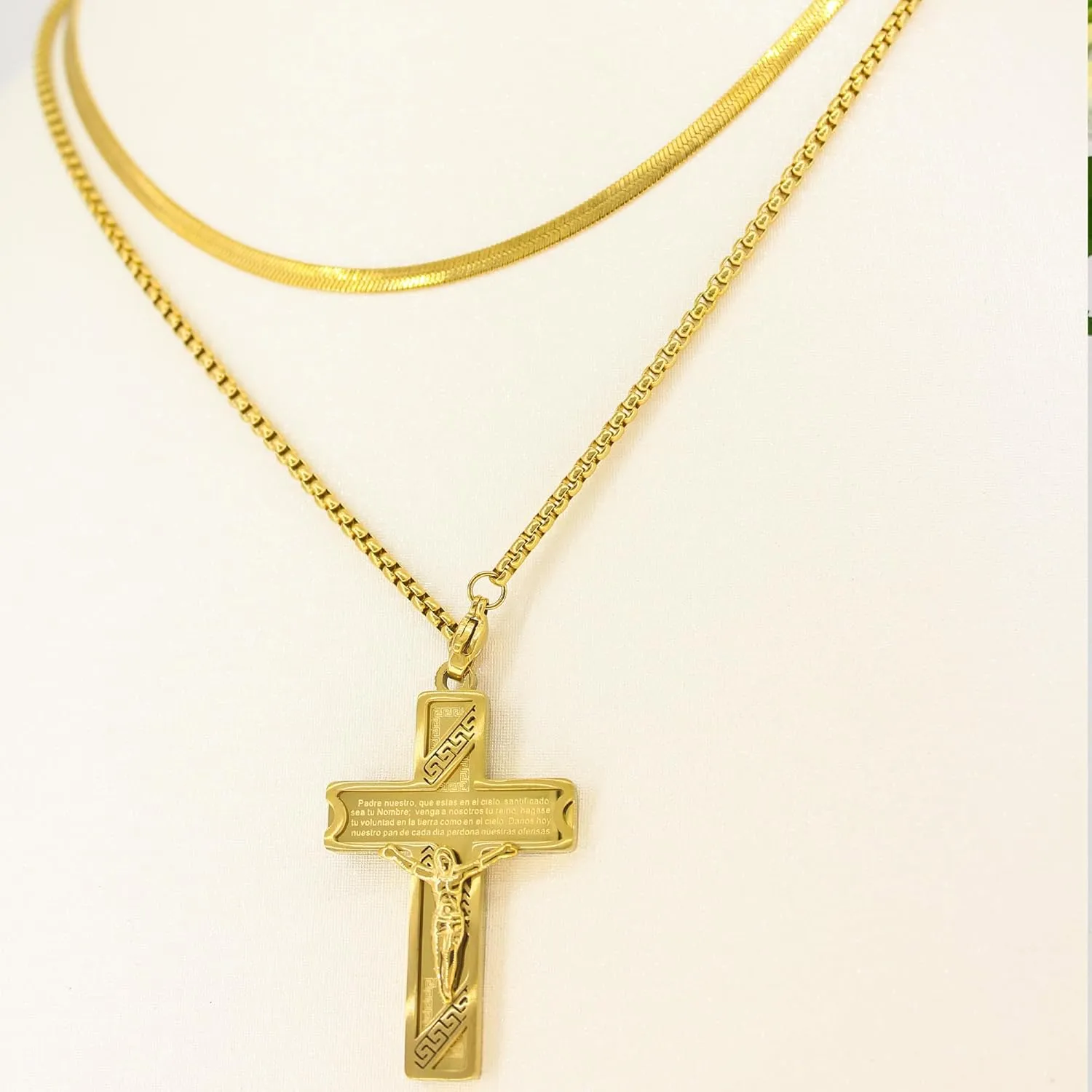 LOVOMEY Elegant Diamond Cross Necklace Set - Dainty 18K Gold Pendant With AAAA Cubic Zirconia, 2 Chains and 1 Pair of Cross Earrings