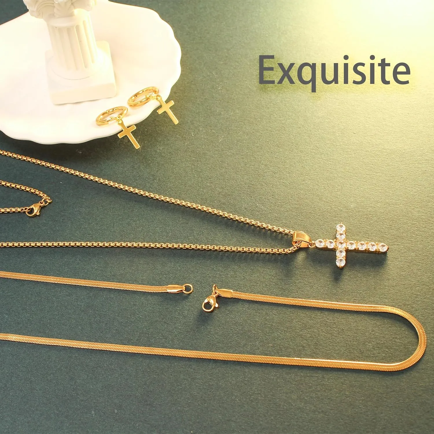 LOVOMEY Elegant Diamond Cross Necklace Set - Dainty 18K Gold Pendant With AAAA Cubic Zirconia, 2 Chains and 1 Pair of Cross Earrings