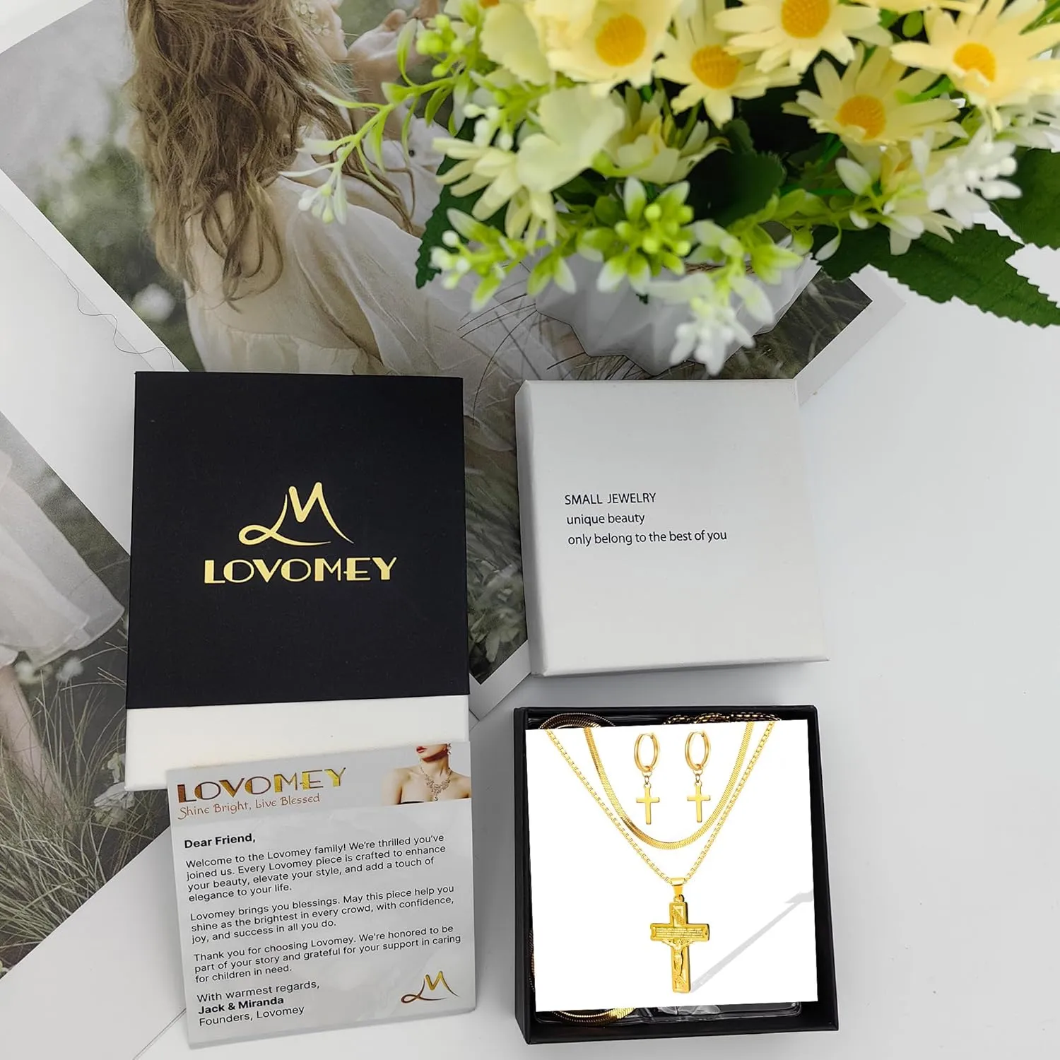 LOVOMEY Elegant Diamond Cross Necklace Set - Dainty 18K Gold Pendant With AAAA Cubic Zirconia, 2 Chains and 1 Pair of Cross Earrings