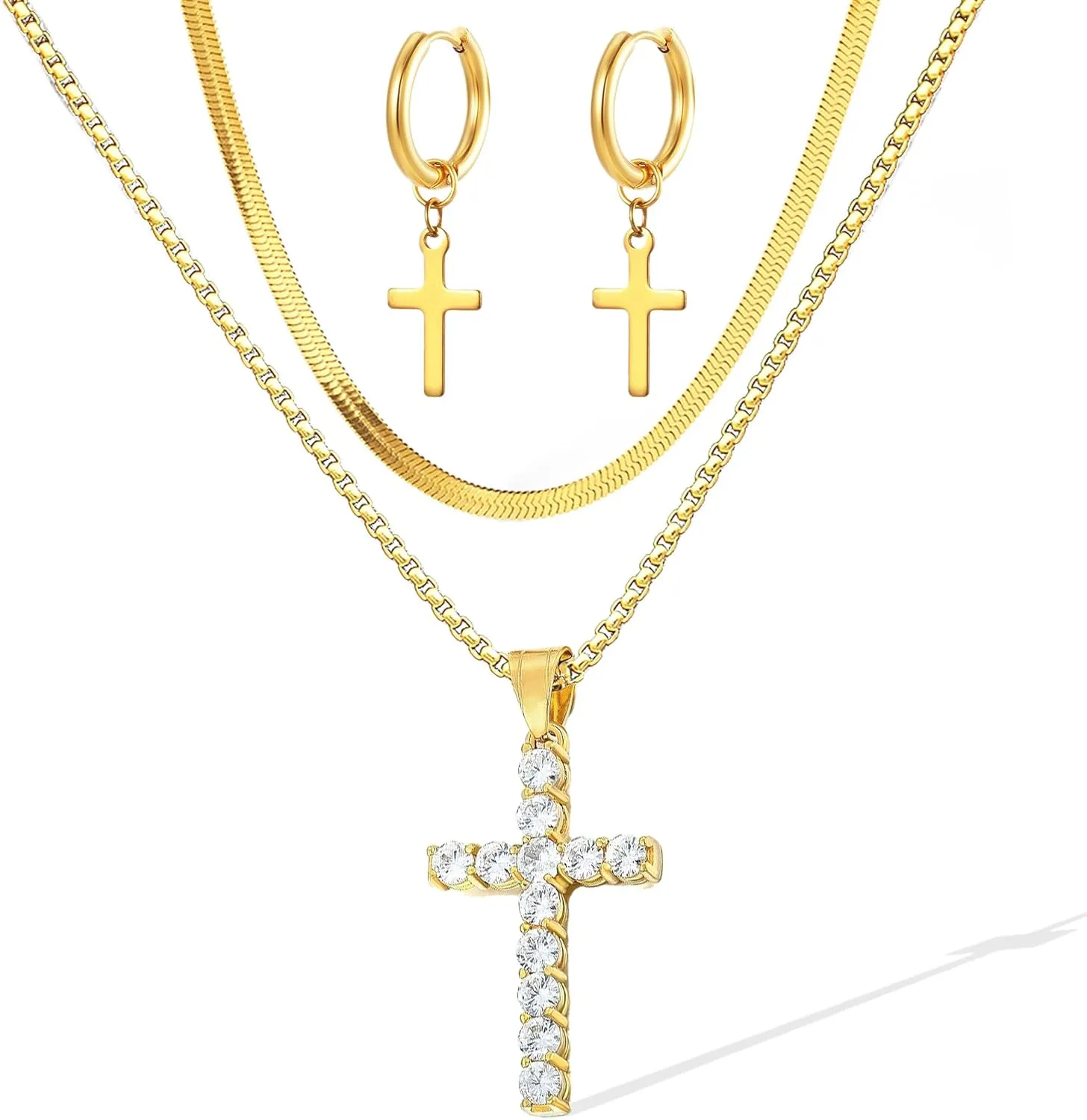 LOVOMEY Elegant Diamond Cross Necklace Set - Dainty 18K Gold Pendant With AAAA Cubic Zirconia, 2 Chains and 1 Pair of Cross Earrings
