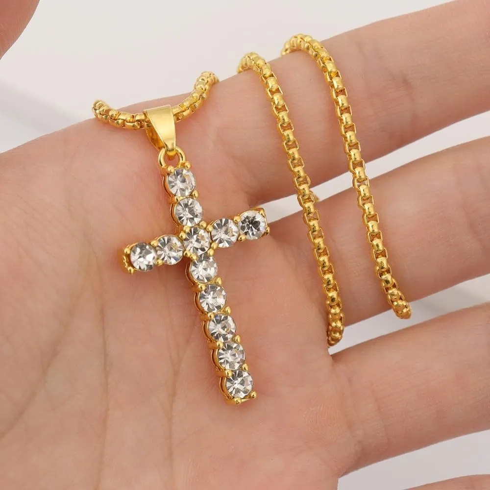 LOVOMEY Elegant Diamond Cross Necklace Set - Dainty 18K Gold Pendant With AAAA Cubic Zirconia, 2 Chains and 1 Pair of Cross Earrings
