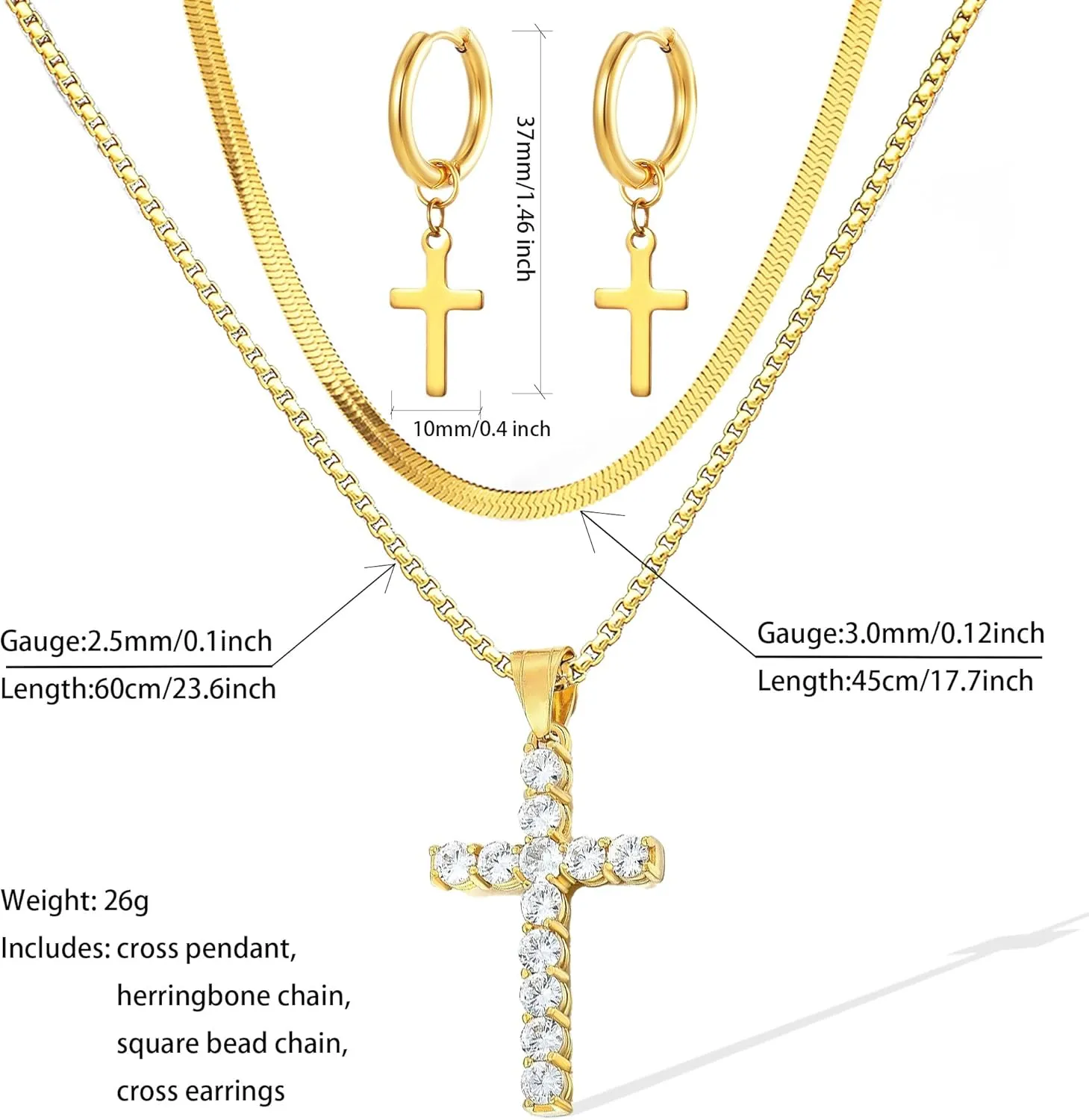 LOVOMEY Elegant Diamond Cross Necklace Set - Dainty 18K Gold Pendant With AAAA Cubic Zirconia, 2 Chains and 1 Pair of Cross Earrings