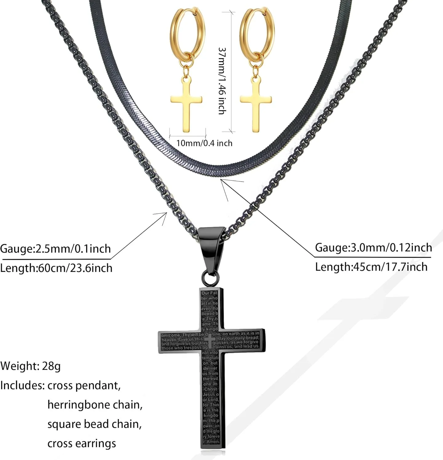 LOVOMEY Elegant Diamond Cross Necklace Set - Dainty 18K Gold Pendant With AAAA Cubic Zirconia, 2 Chains and 1 Pair of Cross Earrings