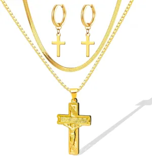 LOVOMEY Elegant Diamond Cross Necklace Set - Dainty 18K Gold Pendant With AAAA Cubic Zirconia, 2 Chains and 1 Pair of Cross Earrings