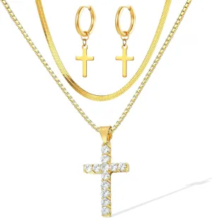 LOVOMEY Elegant Diamond Cross Necklace Set - Dainty 18K Gold Pendant With AAAA Cubic Zirconia, 2 Chains and 1 Pair of Cross Earrings