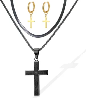 LOVOMEY Elegant Diamond Cross Necklace Set - Dainty 18K Gold Pendant With AAAA Cubic Zirconia, 2 Chains and 1 Pair of Cross Earrings