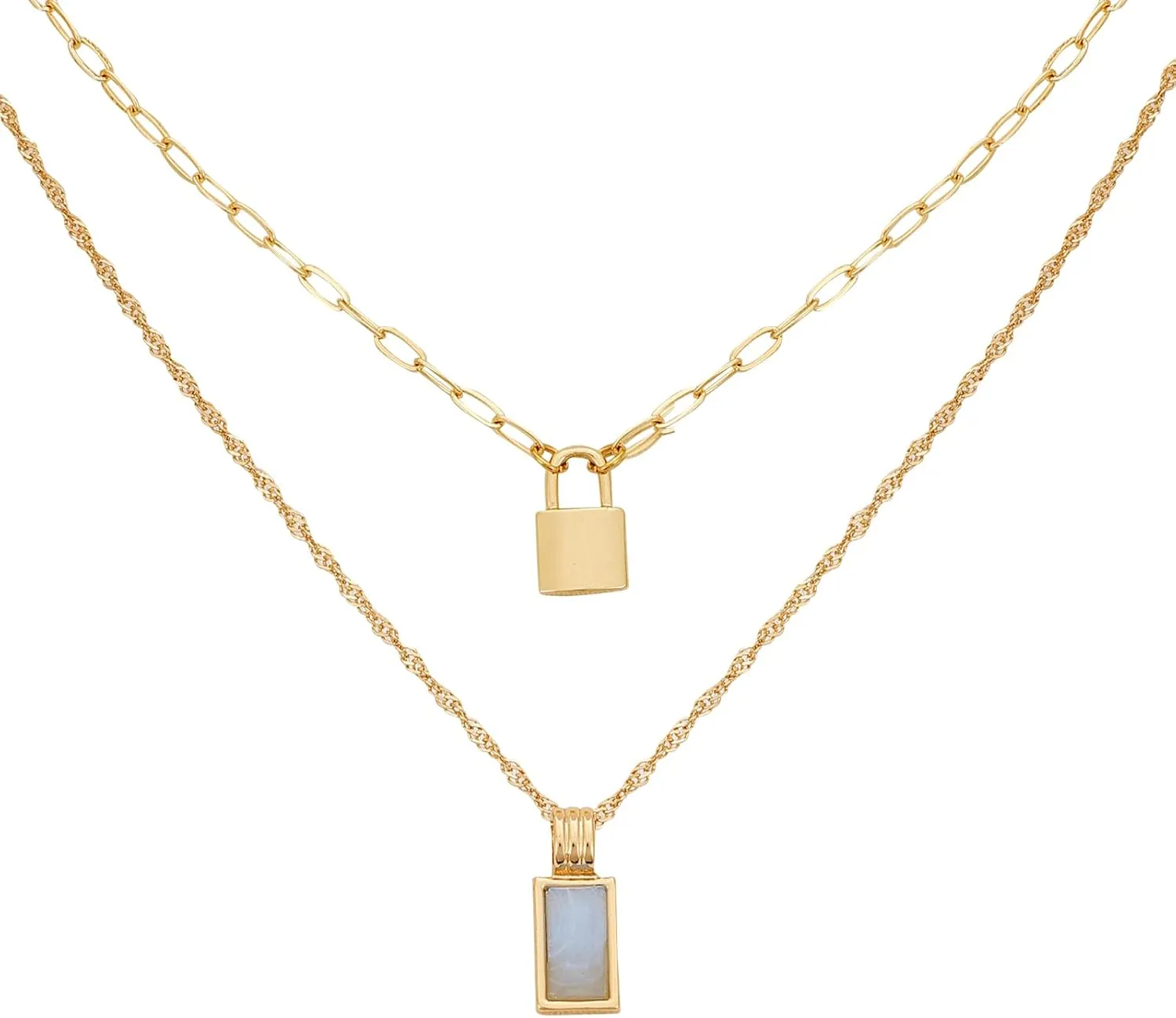 Lucky Brand Two Layered Gold Plated Necklace for women with Agate Blue Stone