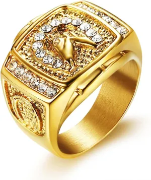 Lucky Horseshoe Ring for men CZ Horse Head Ring Radiant Diamond Bling Biker 316 Stainless Steel Rings Iced Out Jewelry Punk Ring Hip Hop Heavy Metal Ring Vintage Animal rings mens fashion rings