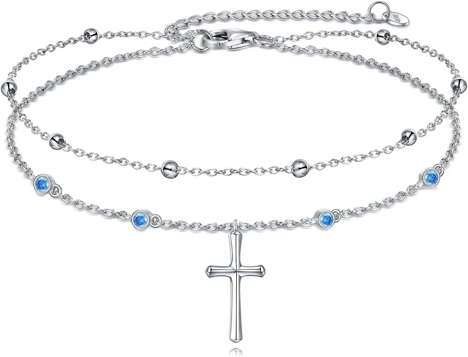 LUHE Cross Ankle Bracelets Sterling Silver Religius Double Chain Anklets Christian Baptism Layered Anklet Jewelry Gifts for Women