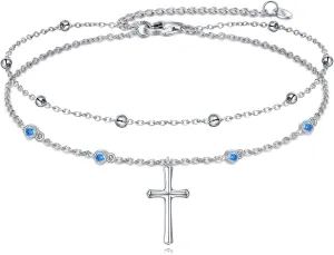 LUHE Cross Ankle Bracelets Sterling Silver Religius Double Chain Anklets Christian Baptism Layered Anklet Jewelry Gifts for Women