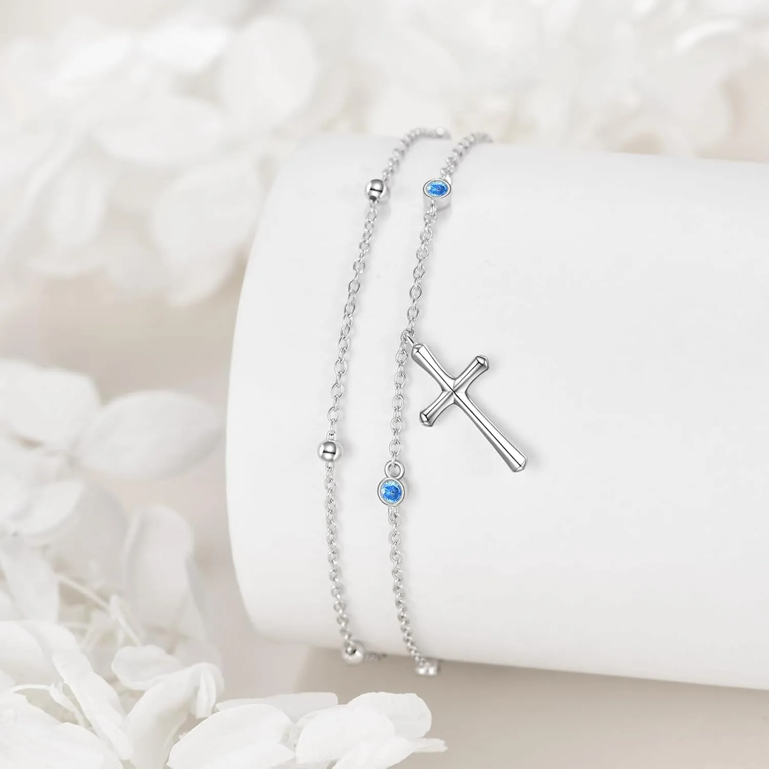 LUHE Cross Ankle Bracelets Sterling Silver Religius Double Chain Anklets Christian Baptism Layered Anklet Jewelry Gifts for Women