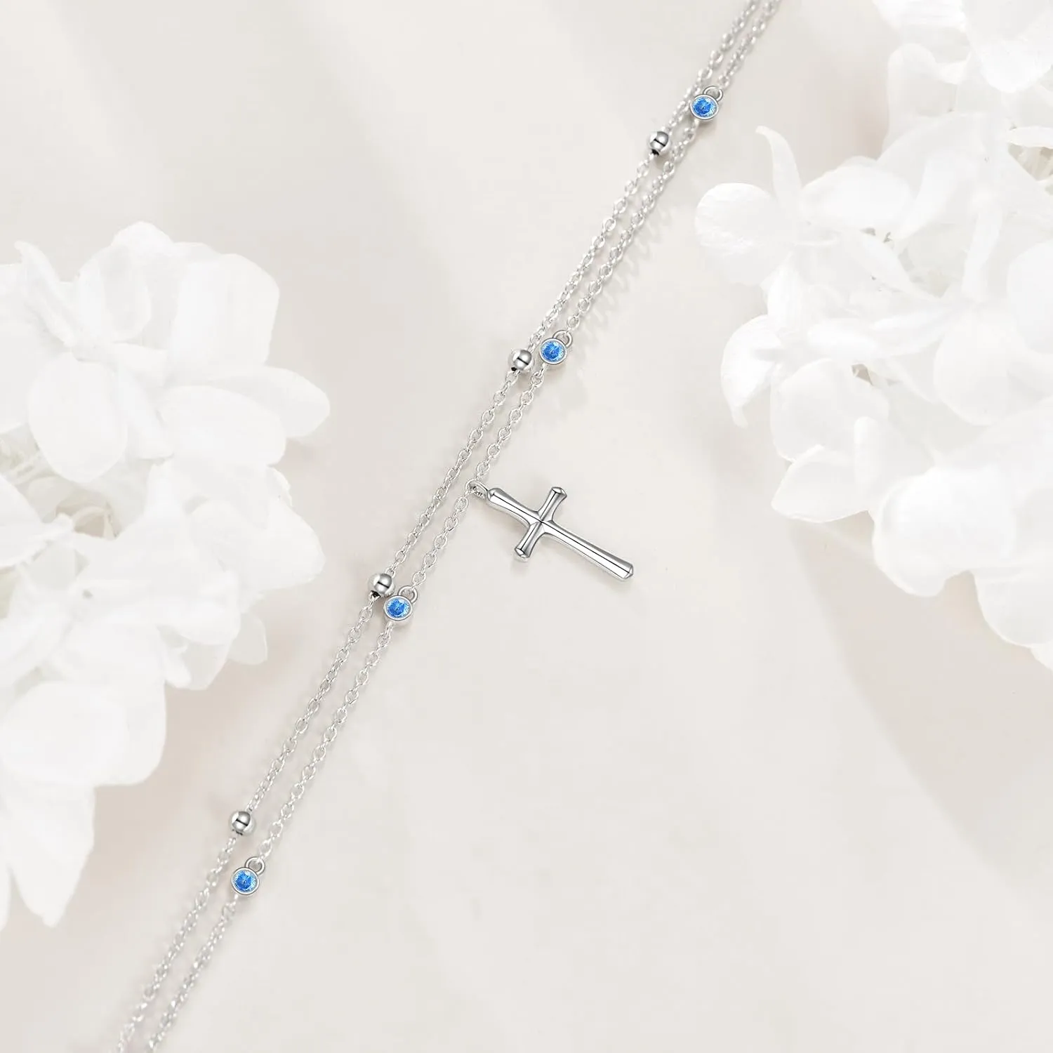 LUHE Cross Ankle Bracelets Sterling Silver Religius Double Chain Anklets Christian Baptism Layered Anklet Jewelry Gifts for Women